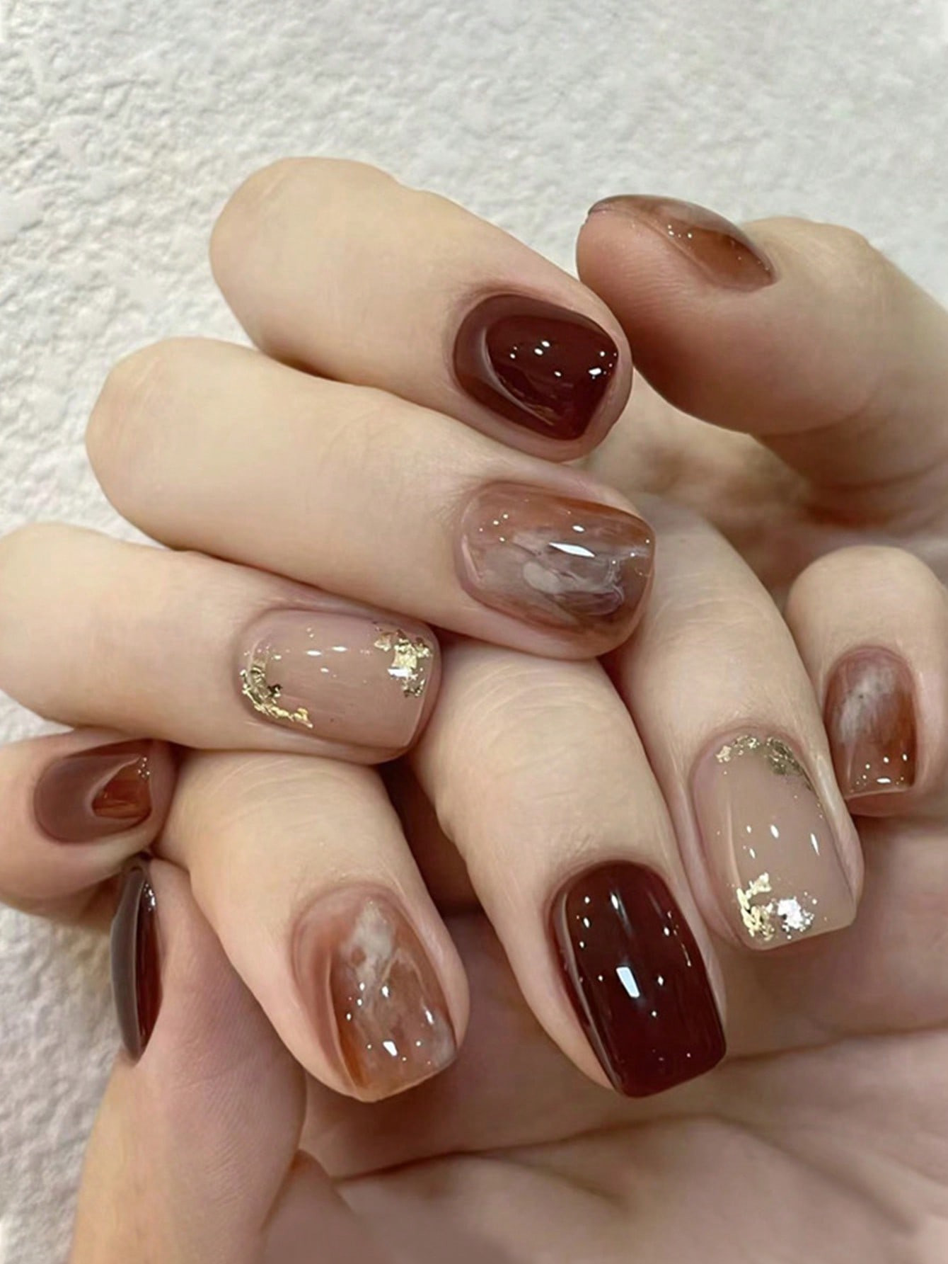 24pcs Square Tie Dye Brown With Amber Foil Glossy Acrylic Short Nail Tips, Removable Fashionable ... | SHEIN