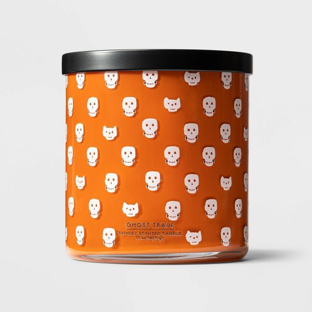 15oz 3-Wick Glass Jar Skull &#38; Cat Print Ghost Train Candle Orange - Hyde &#38; EEK! Boutique&... | Target