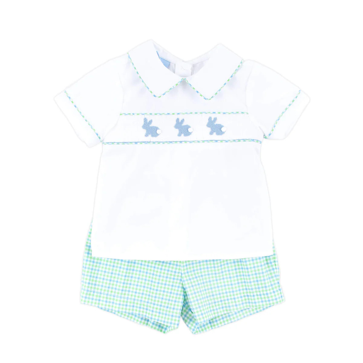 Easter Bunny Smocked Blue & Green Gingham Short Set | Classic Whimsy