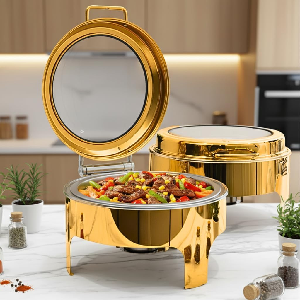 Gold Chafing Dishes for Buffet,6.5L Round Stainless Steel Chafing Dish Buffet Set with Transparent Hydraulic Lid, Buffet Warmer for Parties and Events | Amazon (US)