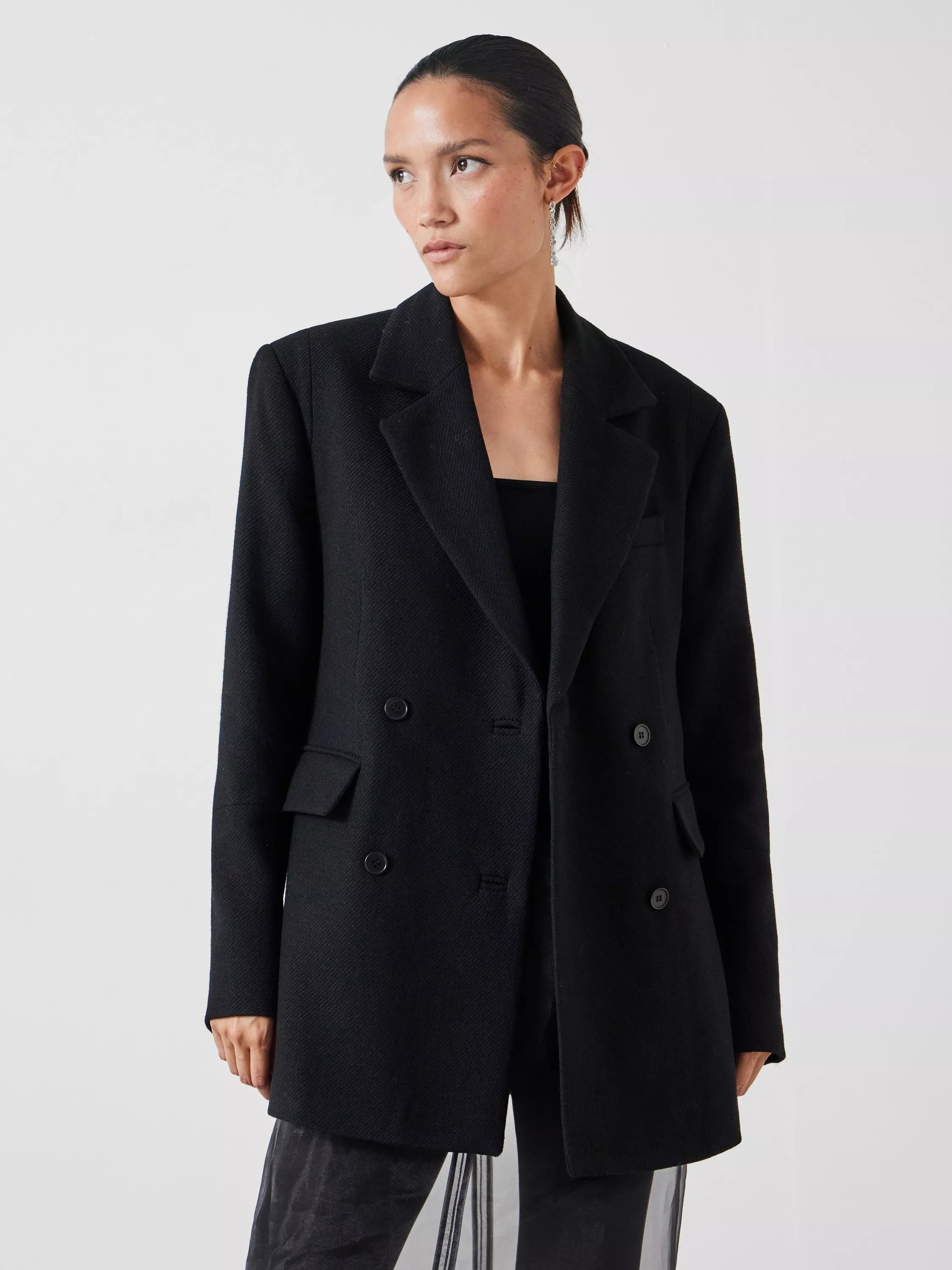 HUSH Clarke Wool Blend Longline Blazer, Black | John Lewis (UK)