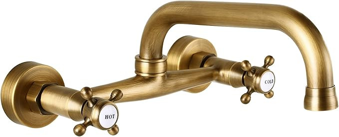 Wall Mount Faucet 8 Inch Center Antique Brass Kitchen Sink Taps 2 Cross Knobs Handle Victorian Co... | Amazon (US)