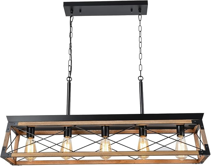 Bribyit Rustic Farmhouse Chandelier, Wood Dining Room Light Fixture, 5 Lights Rectangle Chandelie... | Amazon (US)
