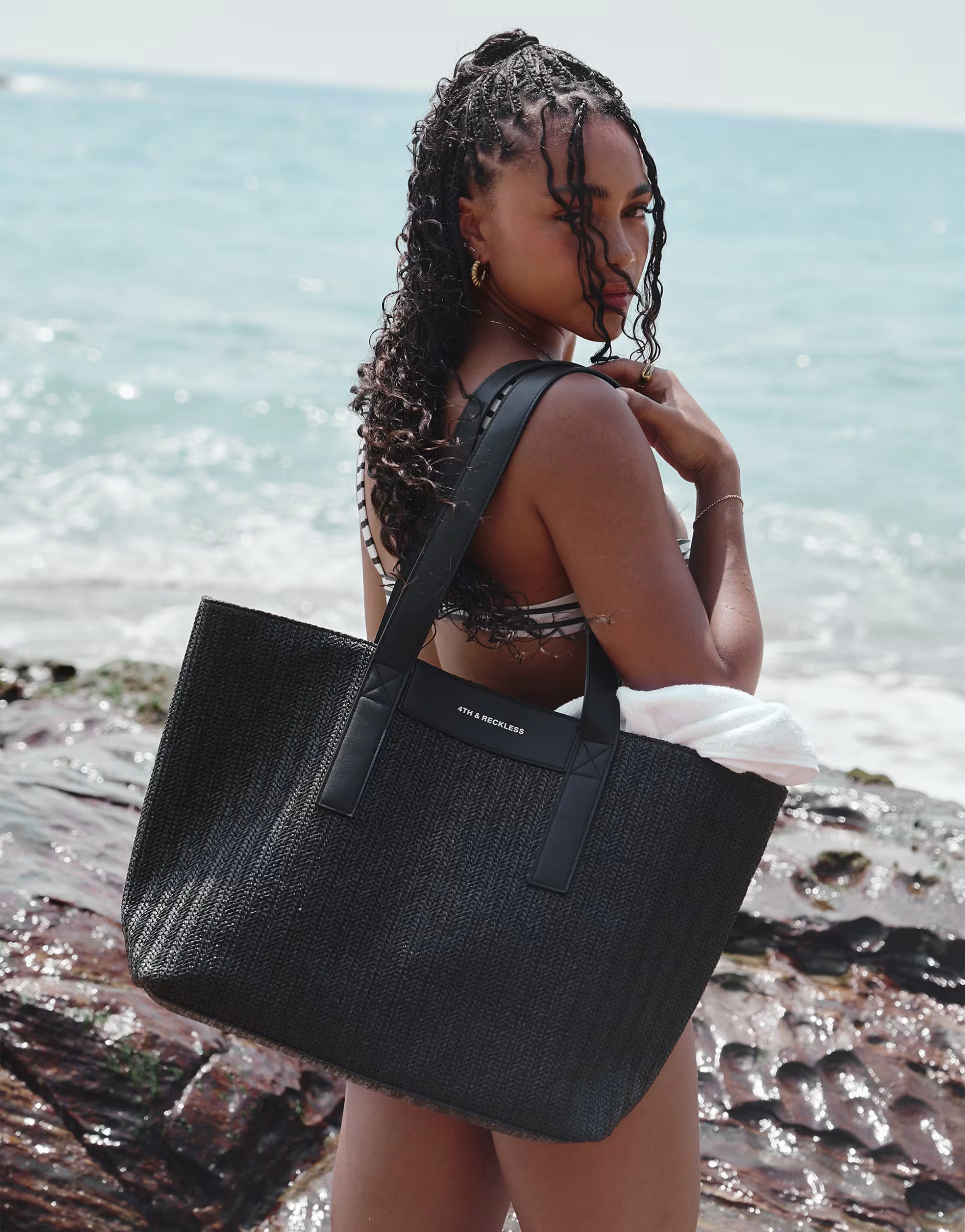 4th & Reckless x Loz Vassallo aruba raffia tote beach bag in black | ASOS | ASOS (Global)