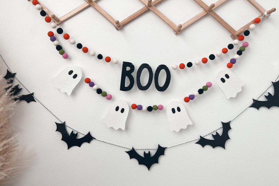 Halloween decoration | Halloween felt ball garland | Felt ghost and bat garland | Halloween shelf... | Etsy (US)