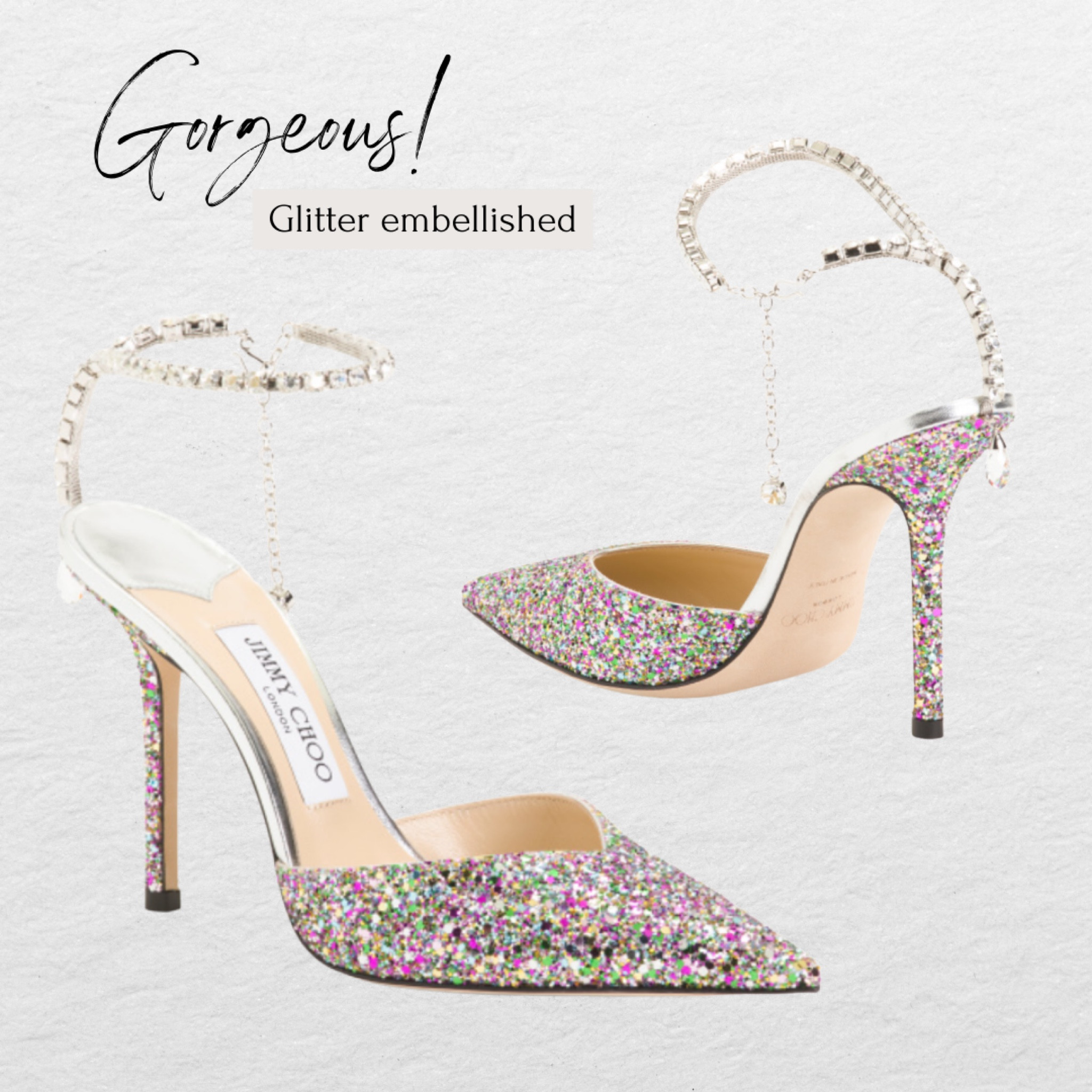 Jimmy Choo! Made in Italy, Glitter Pumps. Markdowns. Glitter embellished. Embellished ankle strap detail. 4 inch heel. Pointy toe. Sale alert. Shoe deals! Designer heels. Designer fashion.

#LTKshoecrush #LTKsalealert #LTKstyletip