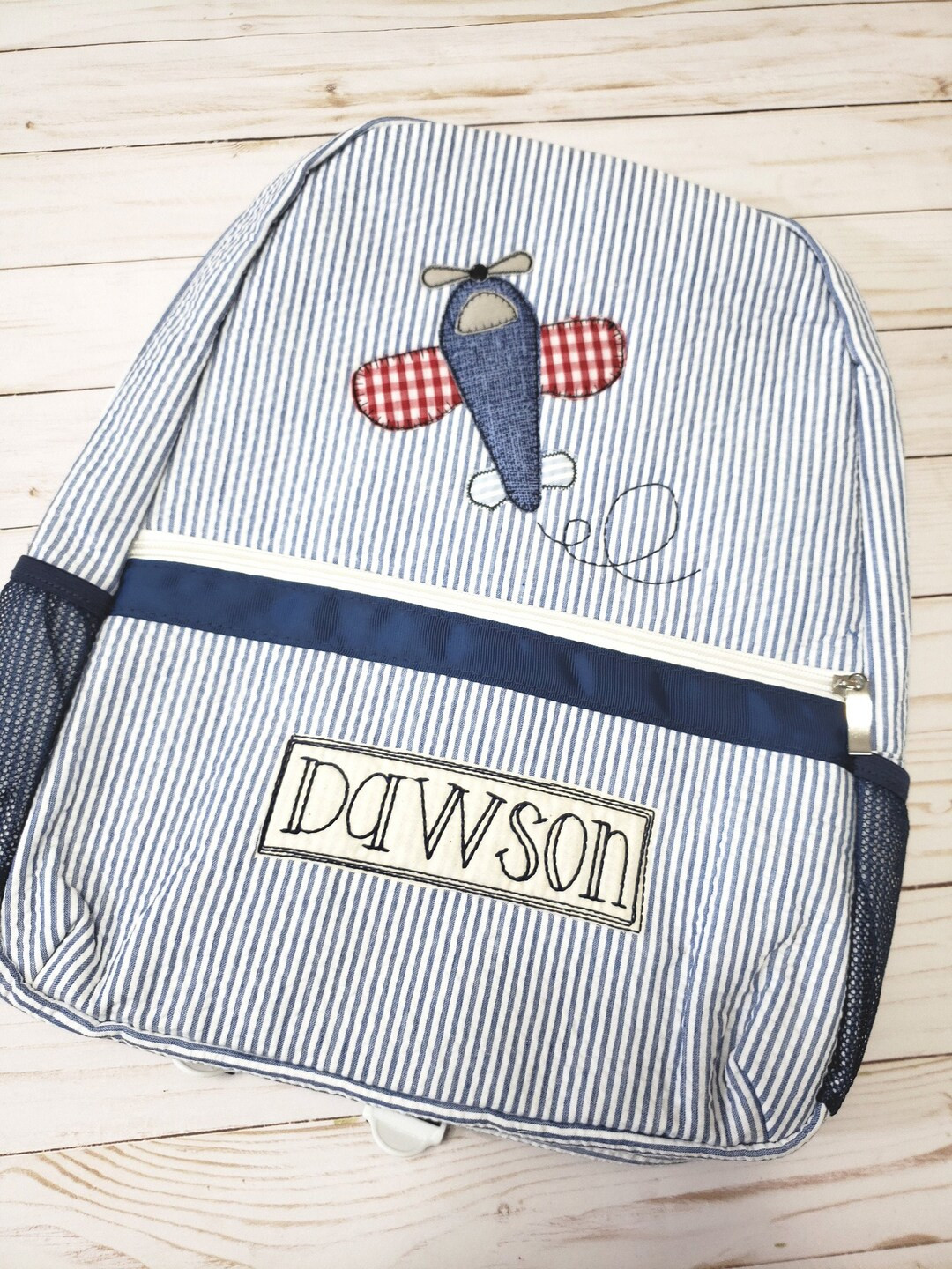 Applique Seersucker Backpack / Personalized Applique Airplane Seersucker Backpack With Name / Boy... | Etsy (US)