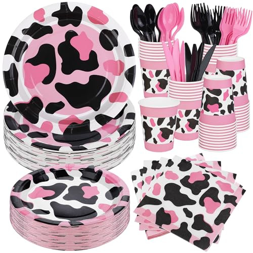durony 350 Pieces Pink Cow Print Party Tableware Pink Cow Party Supplies Cowgirl Party Decorations Cow Party Plates Cups Farm Theme Napkins Cutlery Serve 50 for Cowgirl Party Birthday Baby Showers | Amazon (US)