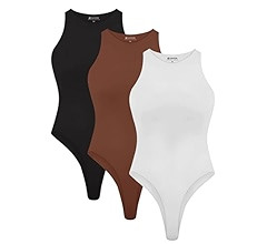 Cyanstyle Womens 3 Piece Bodysuits Sexy Sleeveless Racer Back High Neck Double Lined Bodysuit Tan... | Amazon (US)