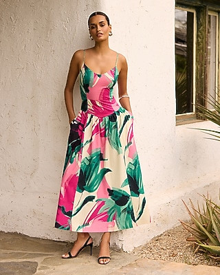 Poplin Printed V-Neck Drop Waist Maxi Fit and Flare Dress with Pockets | Express
