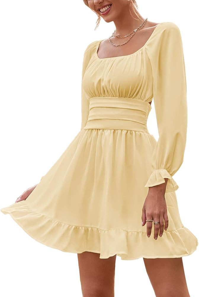 LYANER Women Square Neck Tie Back Dress Light Yellow Dress Lemon Dress Long Sleeve Yellow Mini Dress | Amazon (US)