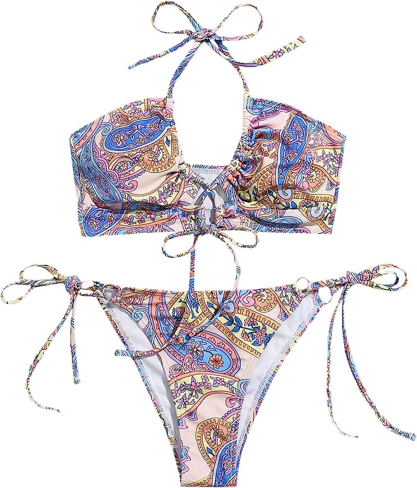 SOLY HUX Women's Printed Swimsuits Halter Top Boho Swim Boho Beach Boho Summer Chic Tops Style | Amazon (US)