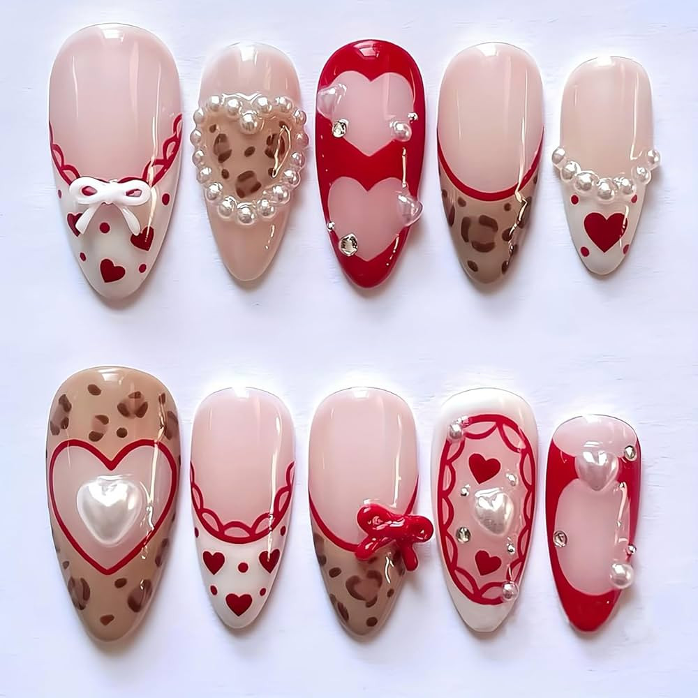 30pcs Valentines Press on Nails Medium Almond Fake Nails with Pearl Heart Bow Designs French Tip ... | Amazon (US)