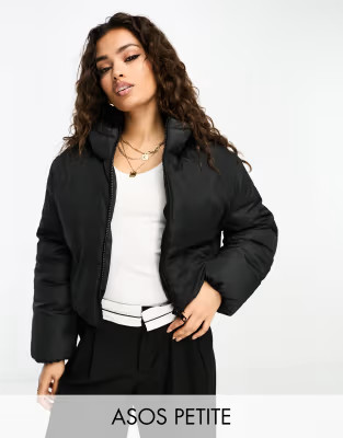 ASOS DESIGN Petite cropped padded jacket with hood in black | ASOS (Global)