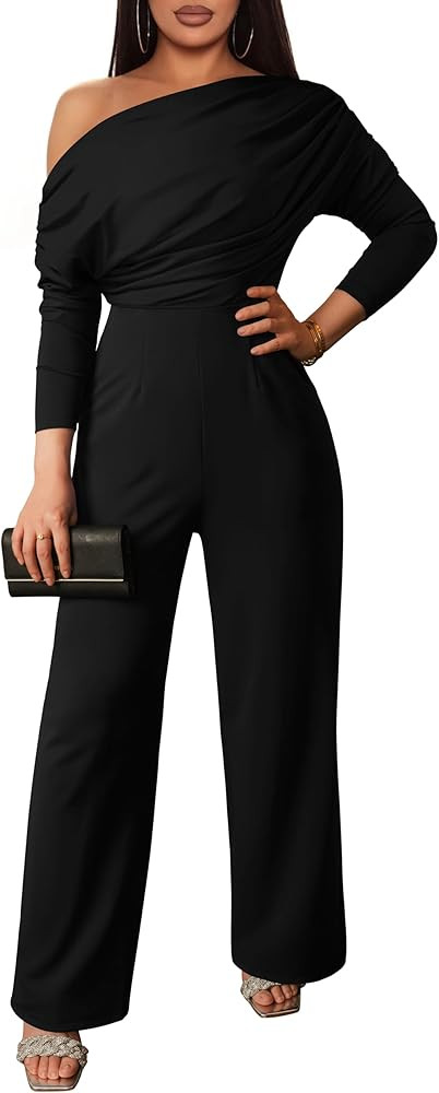 YMDUCH Women's Fall Elegant Long Sleeve Off Shoulder Wide Leg Long Pant Jumpsuits | Amazon (US)
