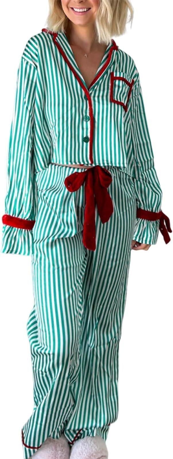 Argeousgor Women Christmas Satin Pajamas Striped 2 Piece Pjs Set Long Sleeve Button Down Shirt Bo... | Amazon (US)