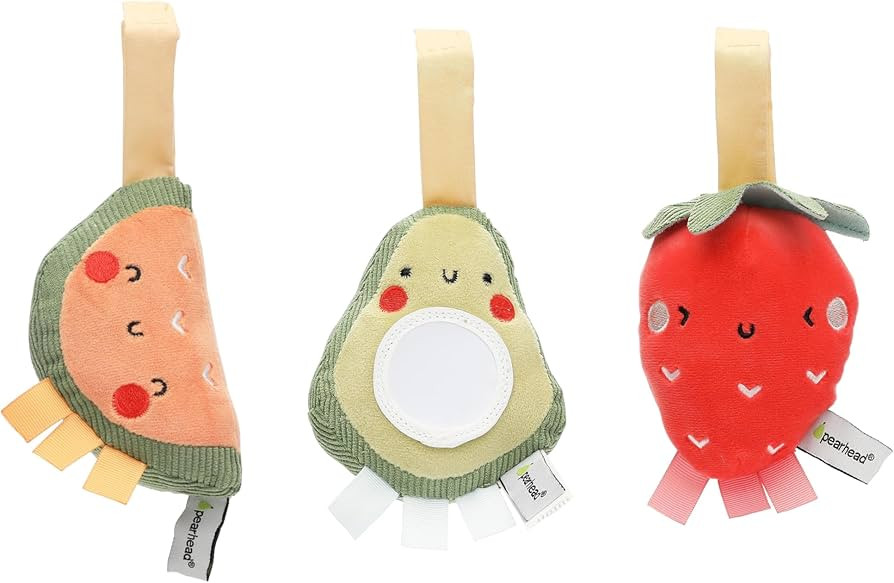 Pearhead Fruit Stroller Toys, Stocking Stuffers for Babies, Newborn Ideas, Plush Interactive Toy Set for Baby Car Seat with Hanging Mirror, Strawberry Avocado Watermelon, Set of 3 | Amazon (US)