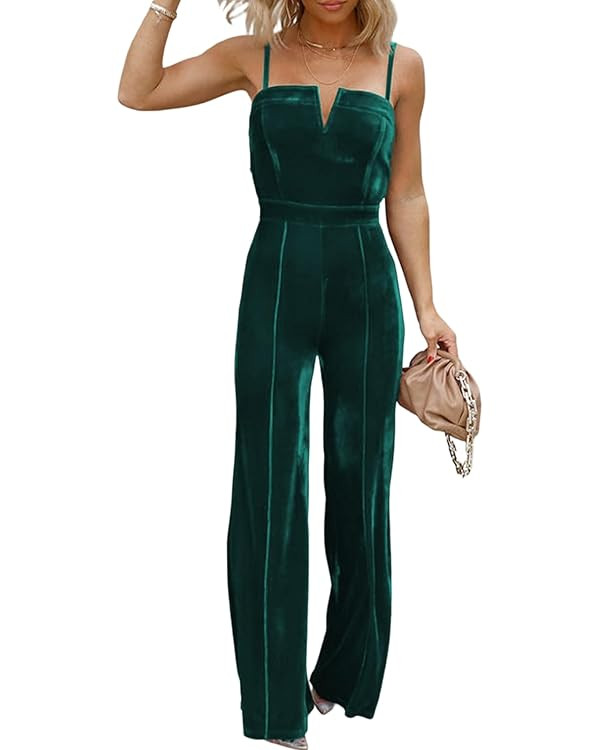BLENCOT Sleeveless Velvet Jumpsuits For Women V Neck Spaghetti Straps Wide Leg Long Pants Dressy ... | Amazon (US)
