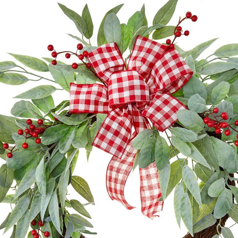 Holiday TIme Red Berry, Frosted Leaves, Red/White Bow Un-Lit 24" Christmas Wreath | Walmart (US)