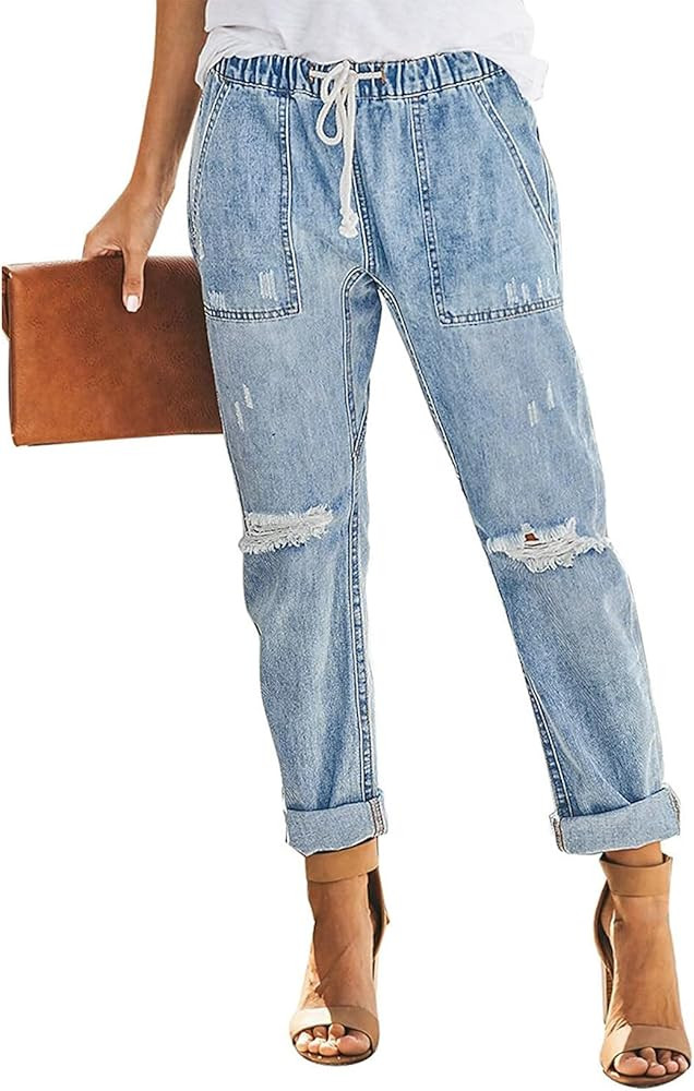 Sidefeel Women's Ripped Jogger Jeans Drawstring Elastic Waist Denim Pants | Amazon (US)