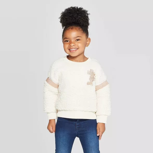 Toddler Girls' Minnie Mouse Teddy Bear Fleece Crew Sweatshirt - Off-White | Target