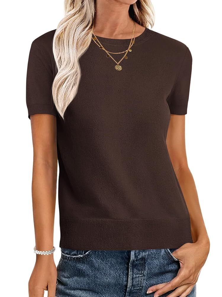 ANRABESS Womens Short Sleeve Sweaters Wool Blend Crew Neck Sweater Shirts Business Casual Work To... | Amazon (US)