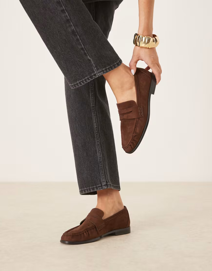 ASOS DESIGN Minnie ruched detail loafer in brown suedette | ASOS (Global)