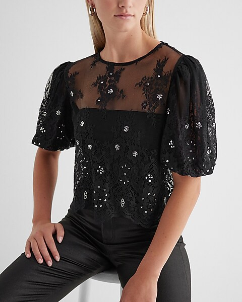 Skimming Lace Embellished Puff Sleeve Boxy Tee | Express