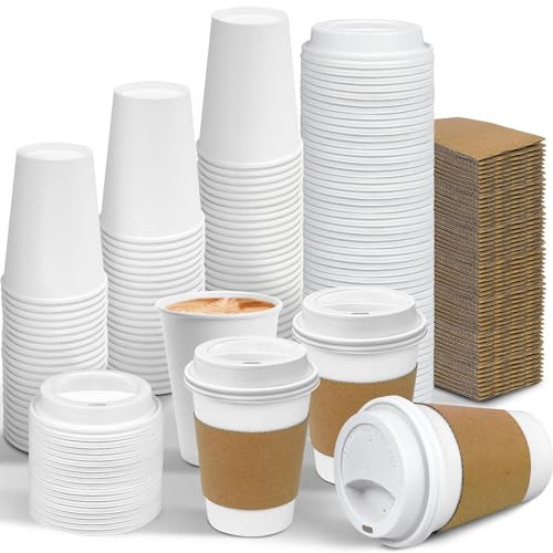 Ginkgo 100 Pack 12 oz Leak-Proof Coffee Cups with Lids and Sleeves Disposable To Go Hot Travel Paper Cups, Hot Chocolate, Cocoa, Coffee Bar Accessories | Amazon (US)