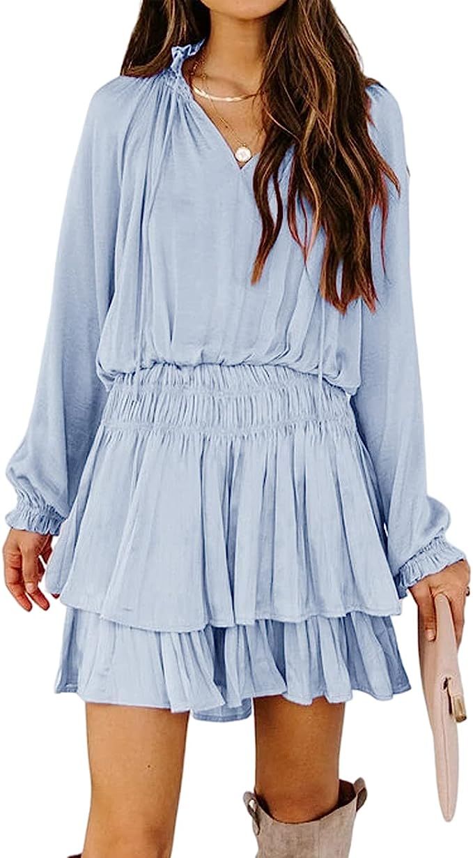 R.Vivimos Women's Cotton Long Sleeves V Neck Layered Ruffles Pleated Swing Mini Dress | Amazon (US)