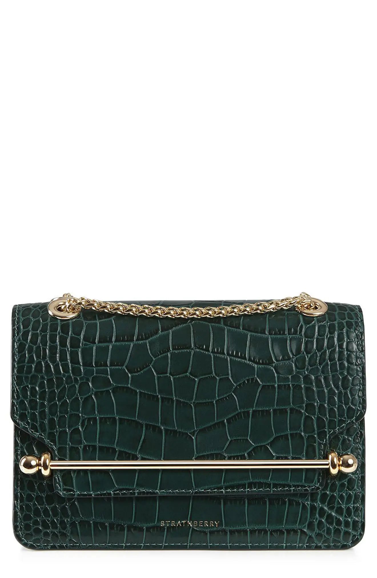 Strathberry Mini East/West Croc Embossed Leather Crossbody Bag in Bottle Green at Nordstrom | Nordstrom