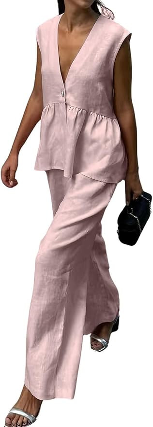 Womens Summer Two Piece Set Sleeveless V Neck Peplum Vest Wide Leg Pant Suits Dressy Casual Work ... | Amazon (US)