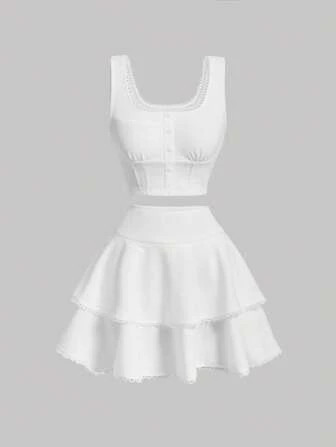 SHEIN MOD Solid Button Front Tank Top & Layer Hem Skirt | SHEIN