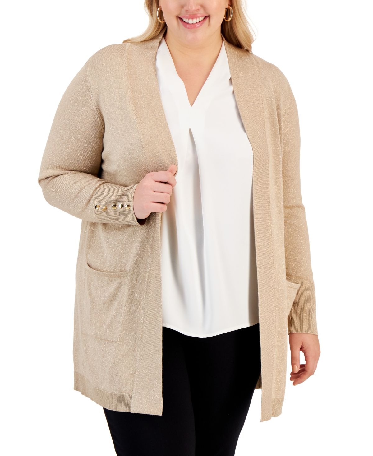 Jm Collection Plus Size Button-Sleeve Lurex Cardigan, Created for Macy's | Macys (US)