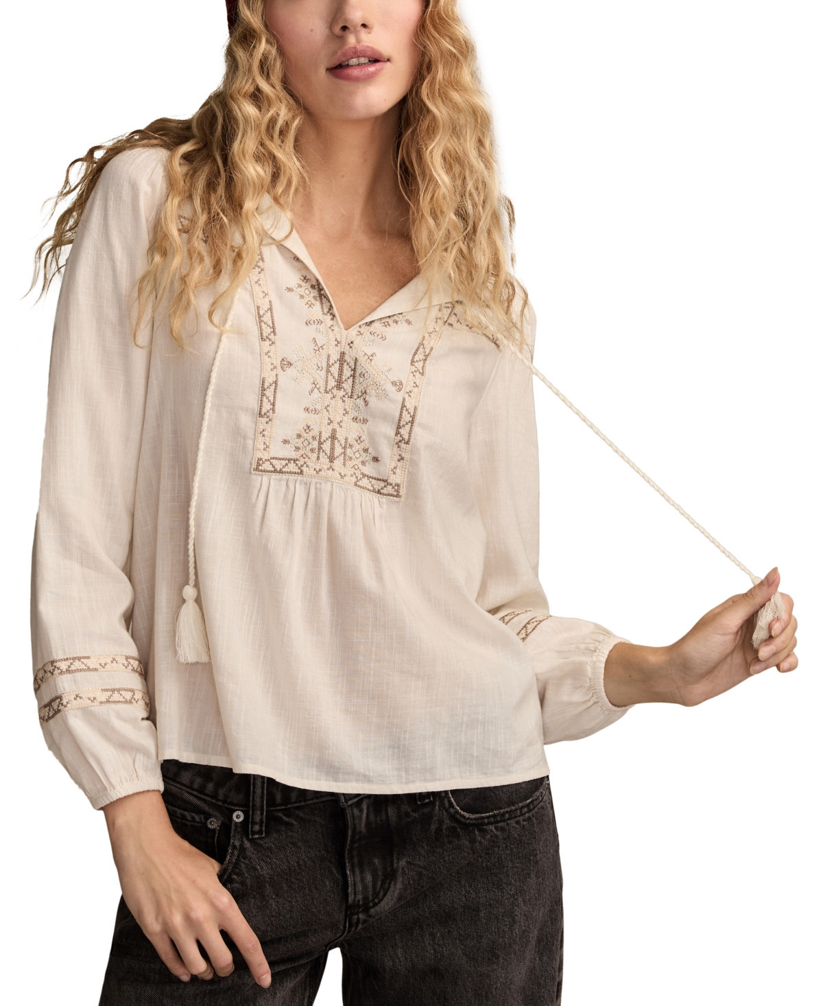 Lucky Brand Women's Embroidered Notch Neck Peasant Top - Gardenia | Macy's