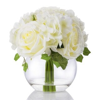 Enova Home Mixed Rose and Hydrangea Flower Arrangement in Clear Glass Vase with Faux Water (Cream) | Bed Bath & Beyond