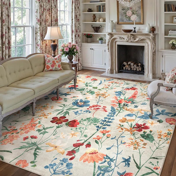 Cherry Machine Washable Floral Area Rug With Non-Slip Backing | Wayfair North America