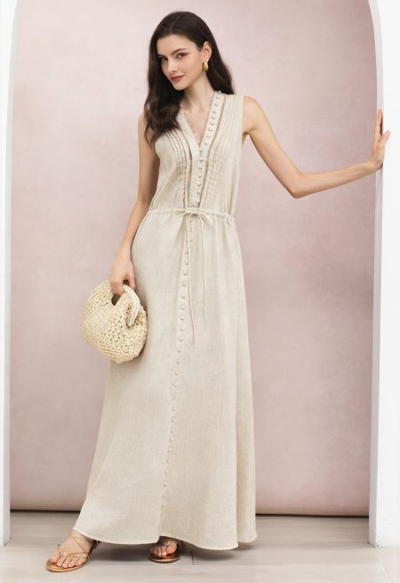 V-Neck Buttoned Sleeveless Dress in Linen | Chicwish