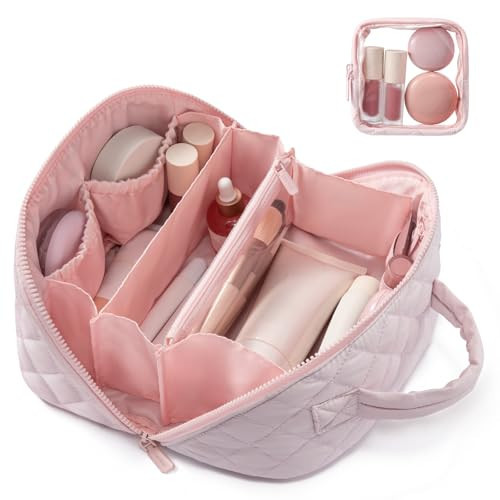 LOVEVOOK Travel Makeup Bag for Women, 2Pcs Puffer Waterproof Cosmetic Organizer, Large Capacity Pouch Open Flat Small Toiletry Bag with Brush Compartment & Handle (Pink, Medium) | Amazon (US)