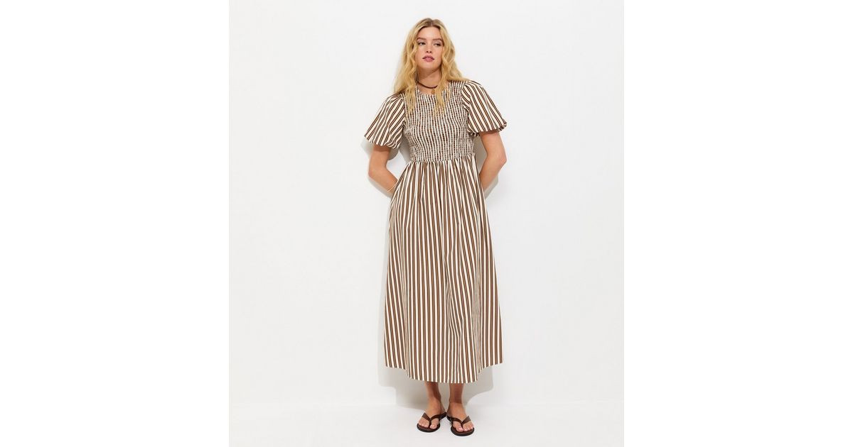 Brown Striped Puff Sleeves Shirred Smock Midi Dress | New Look | New Look (UK)