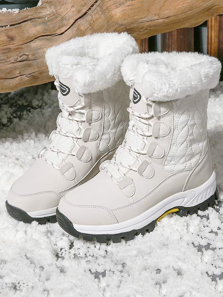 Women's White Stitching Lace-up Front Warm Snow Boots With Minimalist Design | SHEIN