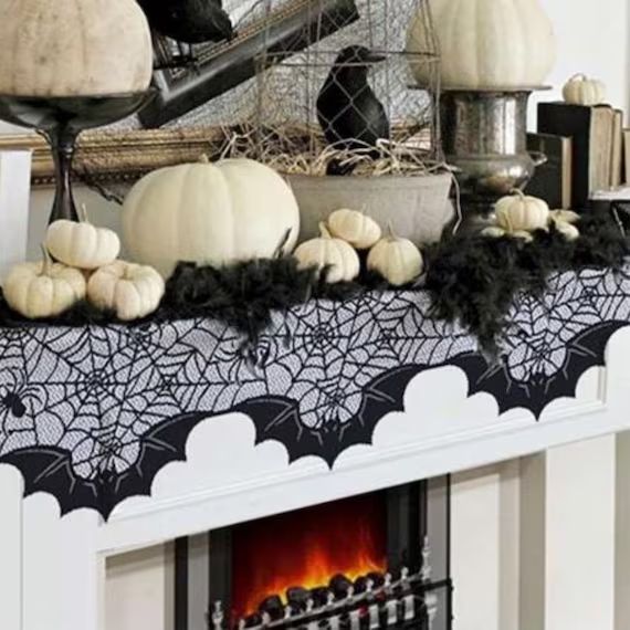 Halloween Decoration, Fireplace Mantle Scarf Cover, Black Lace Spiderweb, Festive Party Supplies,... | Etsy (US)