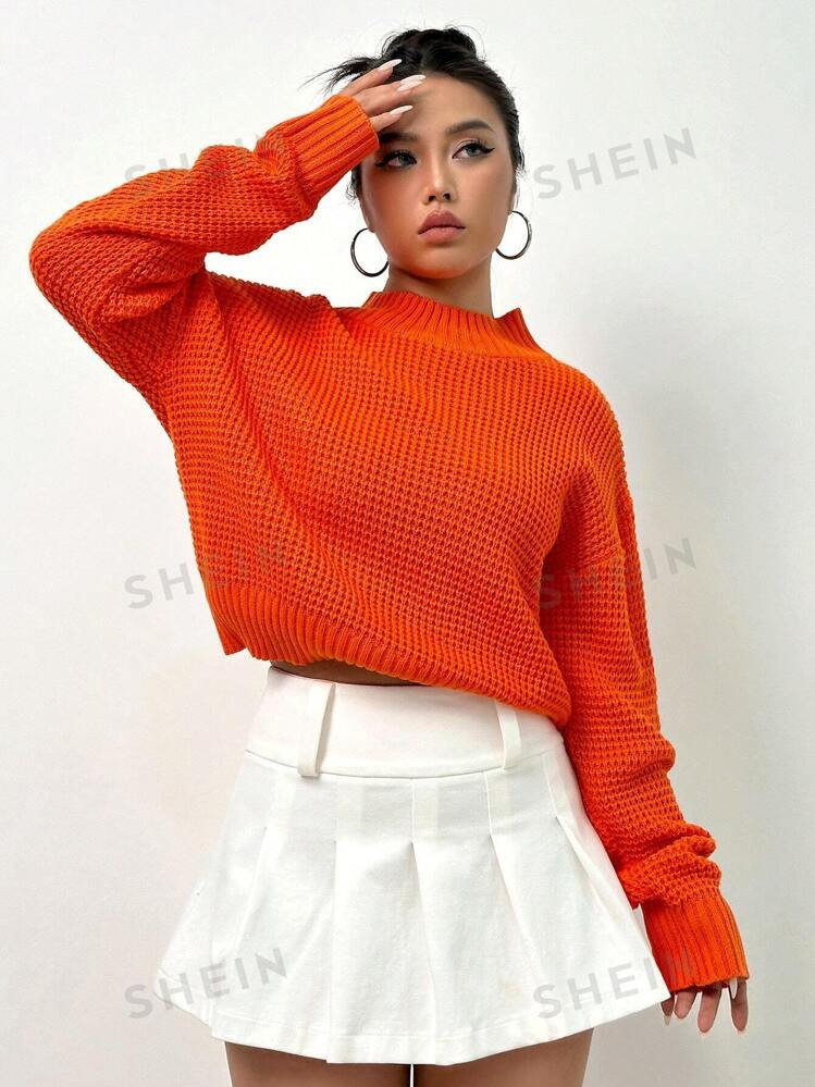 SHEIN MOOSTA Solid Drop Shoulder Waffle Knit Sweater | SHEIN USA | SHEIN