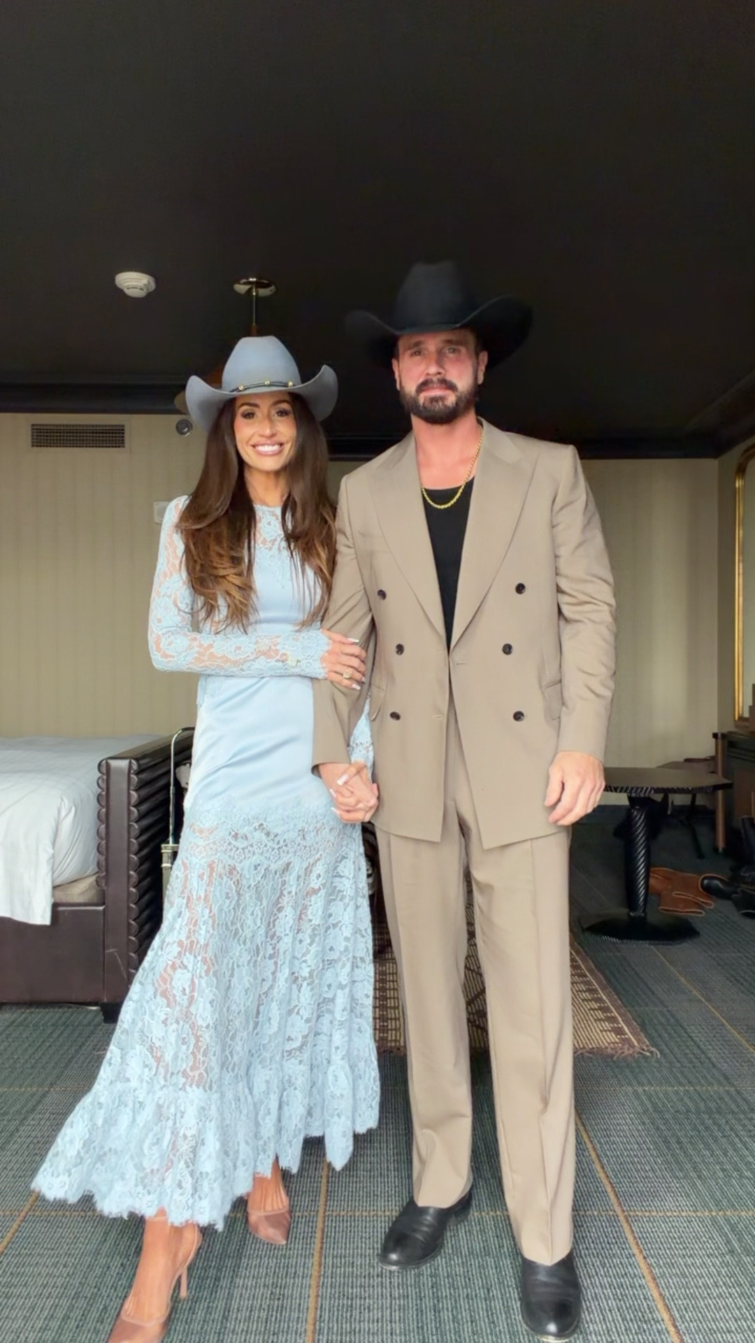 Date night outfit, western dinner party outfit, western outfit, lace dress, men’s suit, cowboy hat, men’s fashion, wedding guest dresss, maxi dress