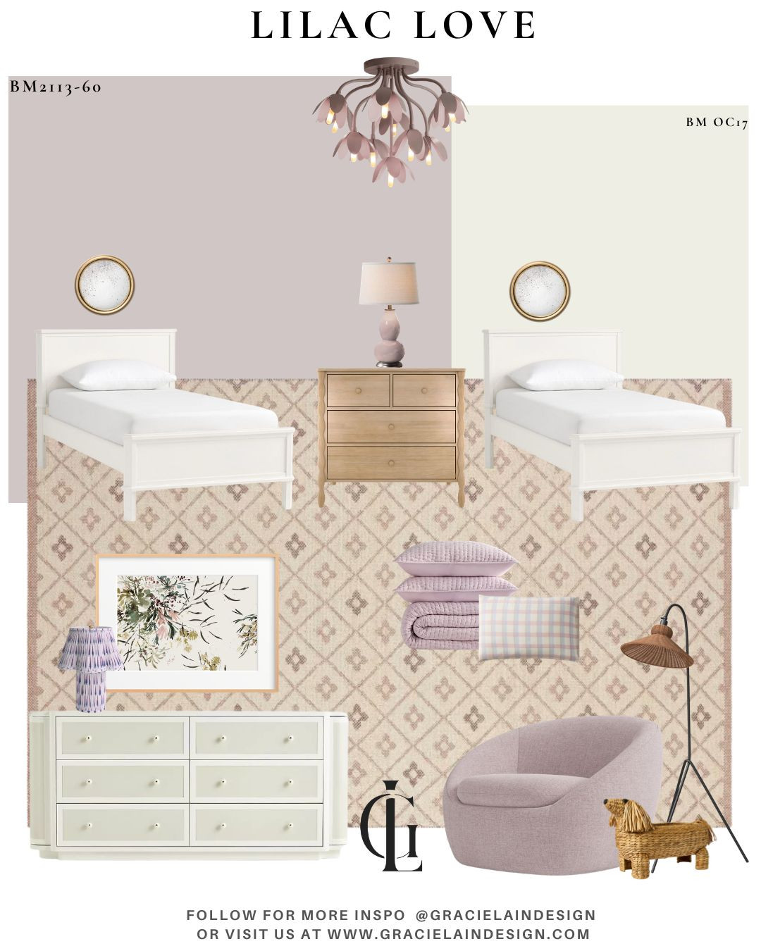 Dusty lilac walls accented with warm white trim set the tone for a room made for dreams. A sweet swivel chair invites quiet moments, while twin beds wait patiently for sleepover whispers and midnight giggles. Layers of soft linens, a cozy wool rug underfoot, and delicate watercolor art create gentle, storybook charm. Playful mirrors catch the glow of lilac and floral lighting, and the cutest little book basket holds adventures just waiting to be opened.

This is a space where laughter lingers, imaginations run free, and the sweetest dreams find their way home. A room designed not just to sleep—but to remember, to dream, to grow.

Discover more magic like this at gracielaindesign.com ✨

#LilacDreams #KidsRoomInspo #BedroomDesign #InteriorStyling #CozySpaces #DreamyInteriors #SleepoverReady #HomeInspiration #DesignForKids #SoftAesthetic #WhimsicalDesign #GracielainDesign 

 #LTKHome #LTKSaleAlert #LTKKids