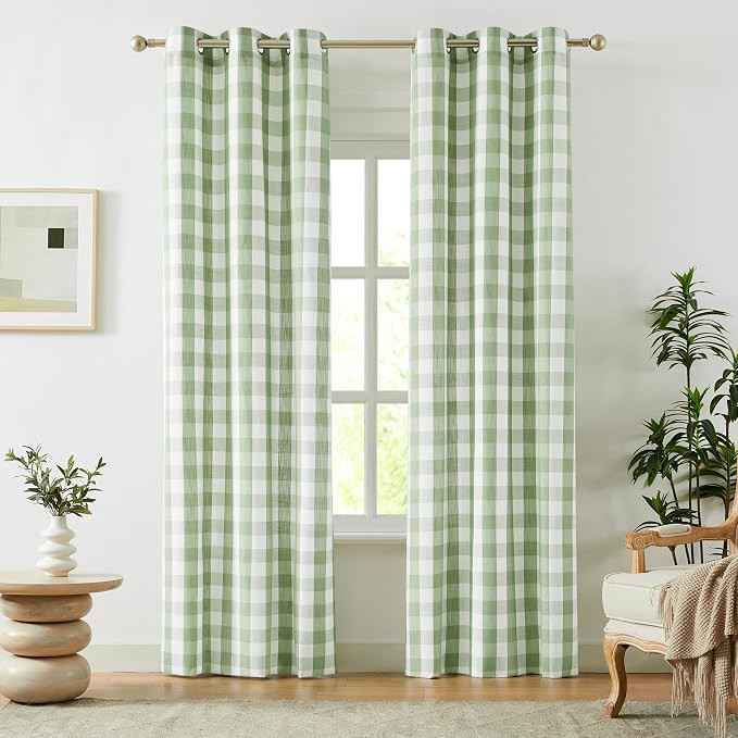 Amzdecor Buffalo Plaid Grommet Curtains 84 Inch Length, Green Semi-Sheer Gingham Check Farmhouse ... | Amazon (US)
