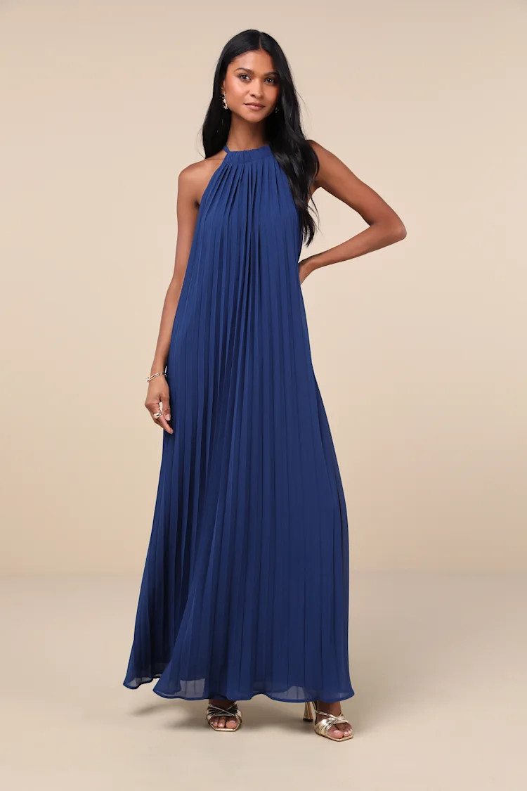 Exceptionally Elegant Blue Pleated Chiffon Maxi Dress | Lulus