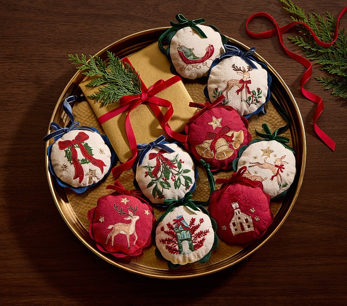 Chris Loves Julia Embroidered Scallop Village Ornaments, Set of 9 | Pottery Barn Kids