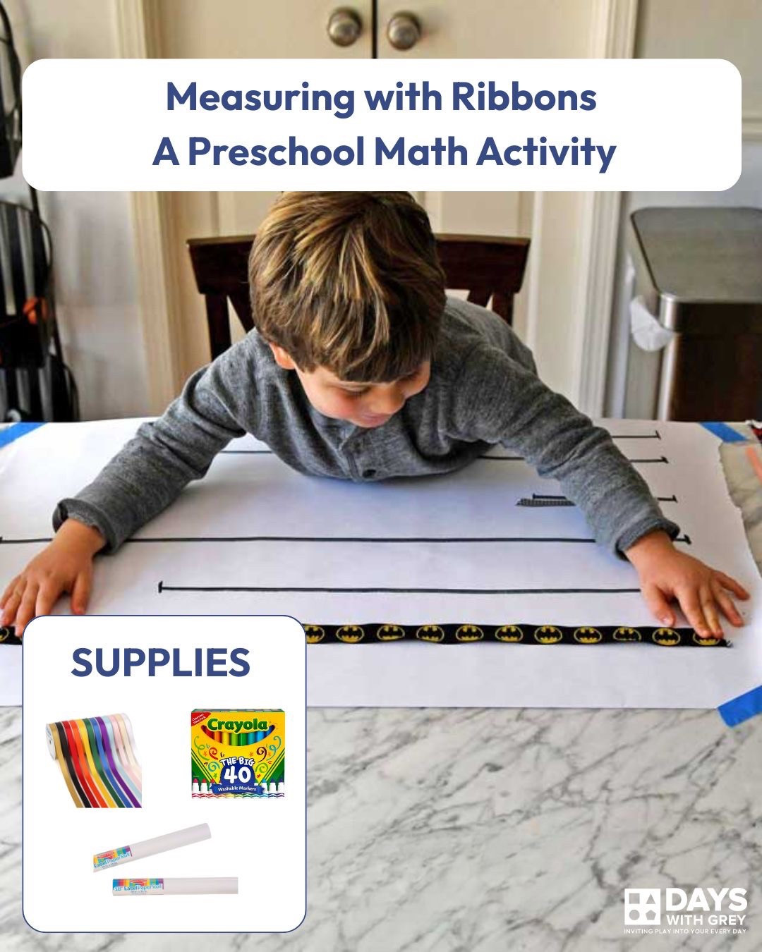 This easy math activity for preschoolers is a breeze to set up! Cut ribbons into varying lengths, and draw lines on the paper that are the same length as the pieces of ribbon. Allow your preschooler to begin matching the ribbon to the lines shown! 

#LTKFindsUnder50 #LTKKids #LTKFamily