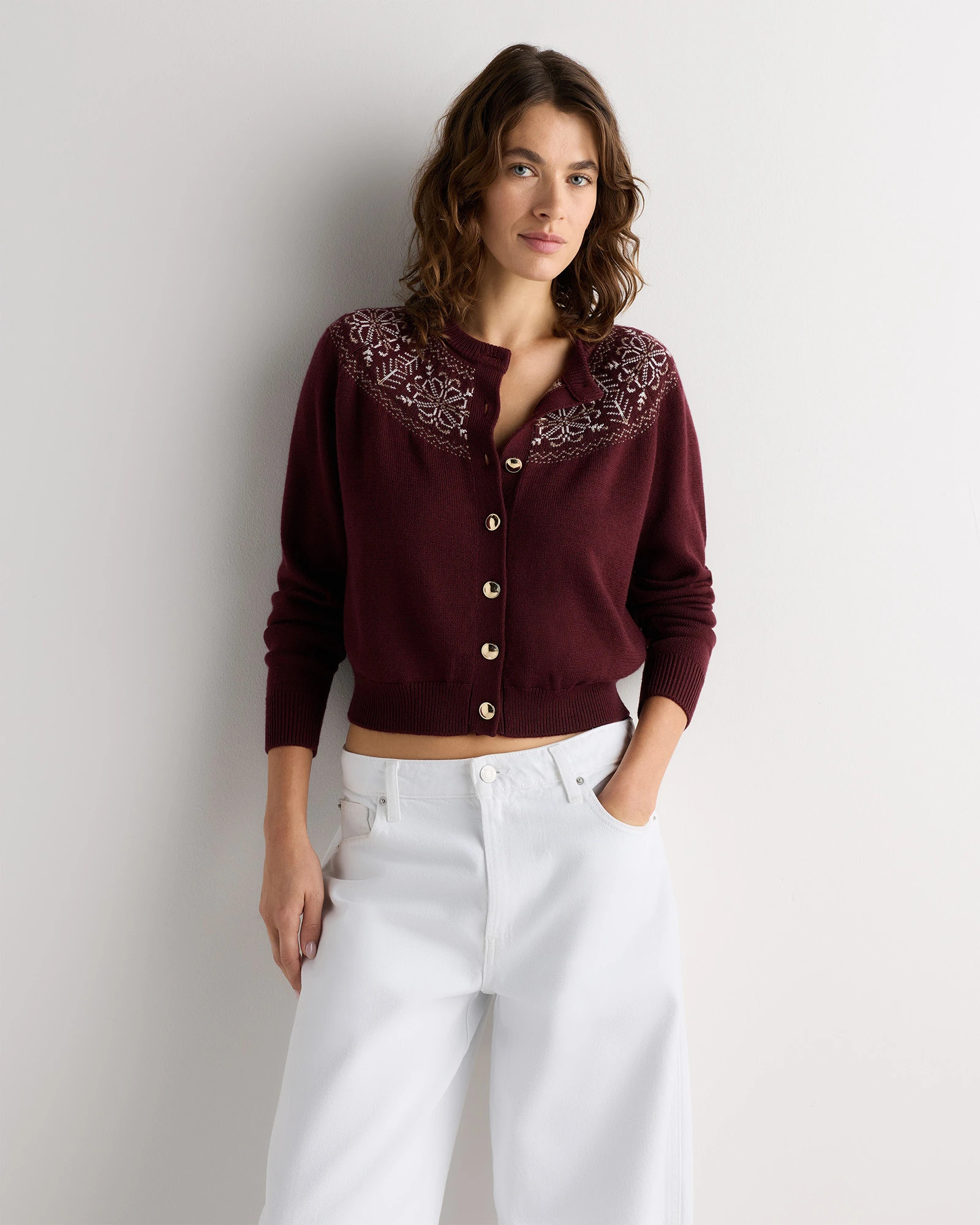 Quince | Women's Australian Merino Wool Fair Isle Crewneck Cardigan Sweater in Heather Bone, Size Large | Quince